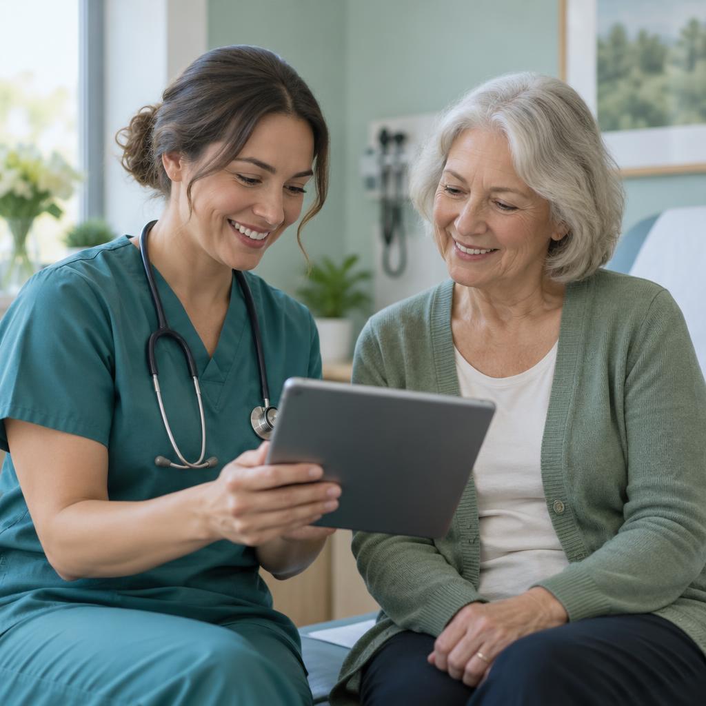 A clinician and an older patient smiling as they look at a tablet together